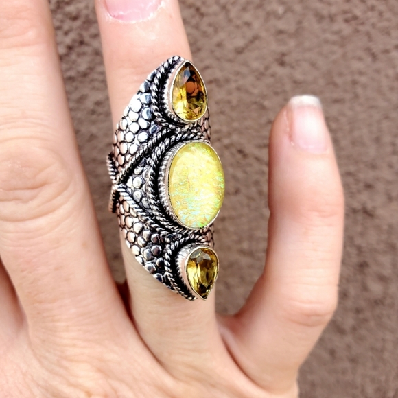 New Huge Triplet Opal and Citrine 925 Silver Statement Ring. - Picture 7 of 8